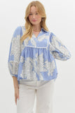 Blue & White Floral 3/4 Sleeve Top