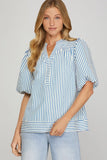 Blue Striped Bubble Sleeve Top