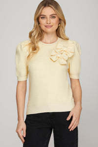 Cream Bow Front Short Sleeve Sweater