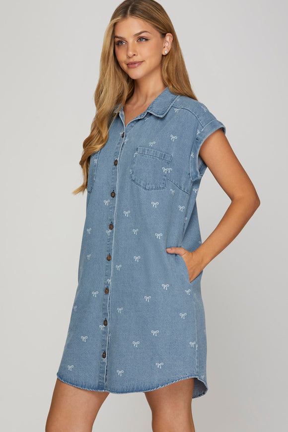 Collared Denim Dress with Bow Pattern