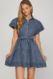 Dark Wash Denim Ruffle Tie Dress