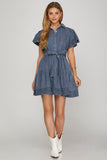 Dark Wash Denim Ruffle Tie Dress