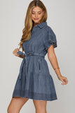 Dark Wash Denim Ruffle Tie Dress