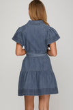 Dark Wash Denim Ruffle Tie Dress