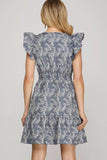 Blue Flutter Sleeve Jacquard Dress
