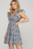 Blue Flutter Sleeve Jacquard Dress