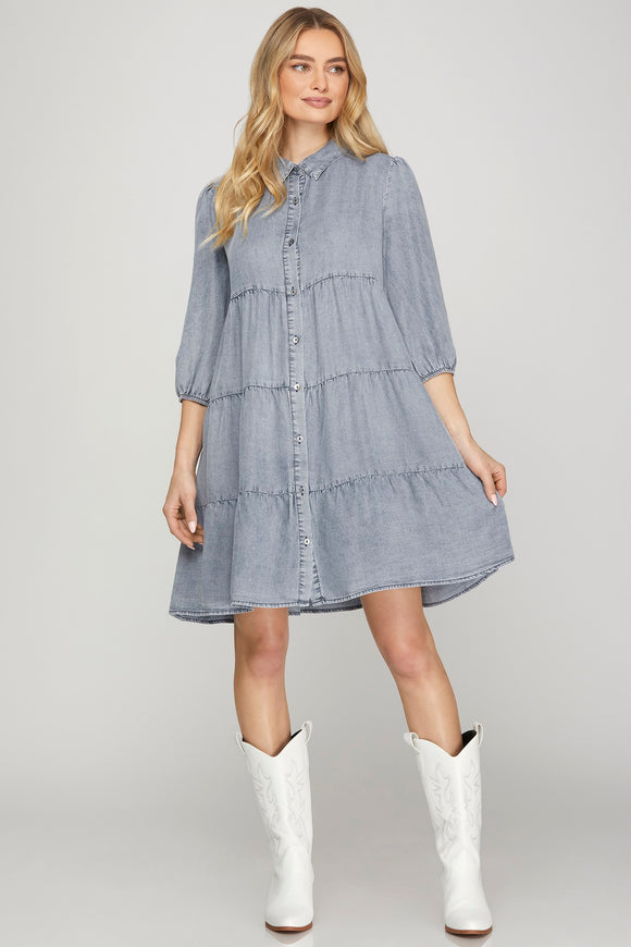 Light Wash Tencel Tiered Dress