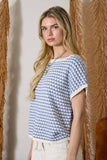Blue Geo Print Short Sleeve Sweater Top