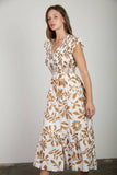 Brown Floral Leaf Print Smocked Midi Dress