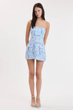 Blue Patch Pattern Strapless Mini Dress