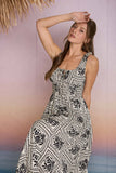 Black Floral Tile Print Sleeveless Midi Dress
