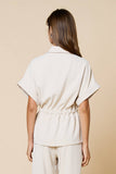 Cream Front Zipper Closure Collared Drawstring Top