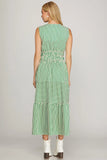 Green Striped Sleeveless Midi Dress