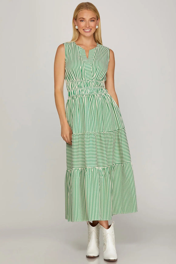 Green Striped Sleeveless Midi Dress Green Striped Sleeveless Midi Dress