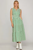 Green Striped Sleeveless Midi Dress