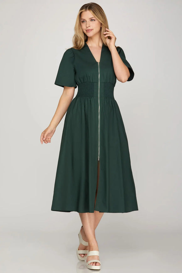Hunter Green Zipper Midi Dress