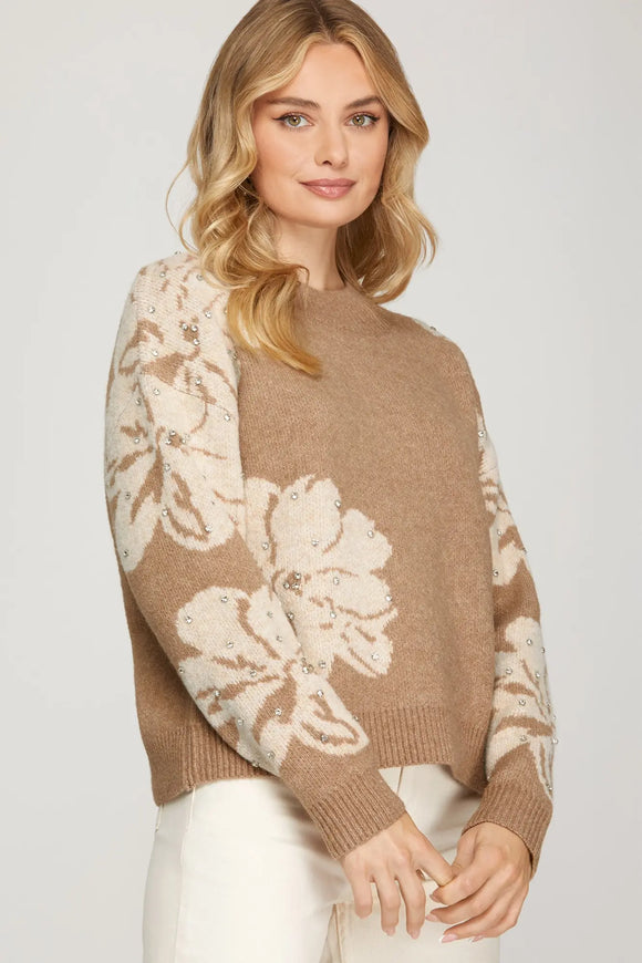 Brown & Cream Floral Sparkle Sweater