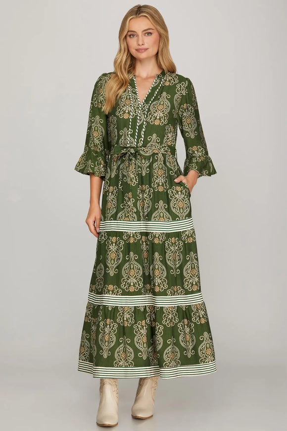 Olive Paisley Midi Dress