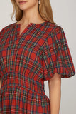 Tartan Plaid Puff Sleeve Midi Dress