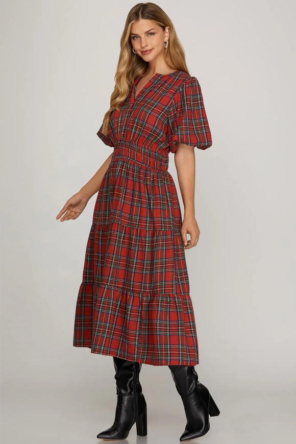 Tartan Plaid Puff Sleeve Midi Dress