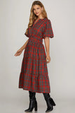 Tartan Plaid Puff Sleeve Midi Dress