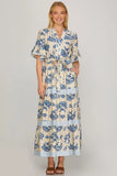 Blue Paisley & Stripe Maxi Dress