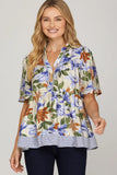 Blue Floral Contrast Hem Top
