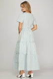 Pastel Blue Grid Print Maxi Dress