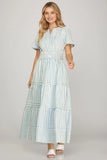 Pastel Blue Grid Print Maxi Dress