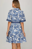 Blue Palm Print Button Front Dress