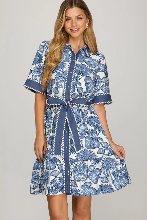Blue Palm Print Button Front Dress