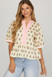Vanilla & Pink Pattern Puff SleeveTop