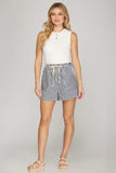 Blue & White Striped Elastic Shorts