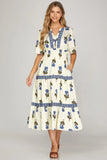 Cream Floral Contrast Seam Midi Dress