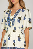 Cream Floral Contrast Seam Midi Dress