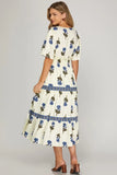 Cream Floral Contrast Seam Midi Dress