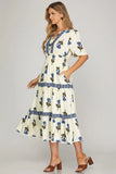 Cream Floral Contrast Seam Midi Dress