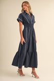 Navy Smocked Waist White Piping Midi