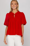 Red Tie Front Smocked Top
