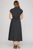 Charcoal Navy -  Collared Zip Up Midi Dress