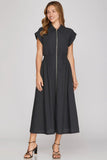 Charcoal Navy -  Collared Zip Up Midi Dress