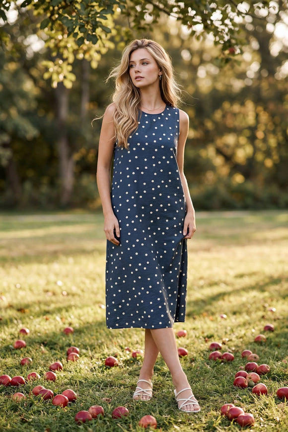 navy polka dot dress Navy Polka Dot Sleeveless Midi Dress