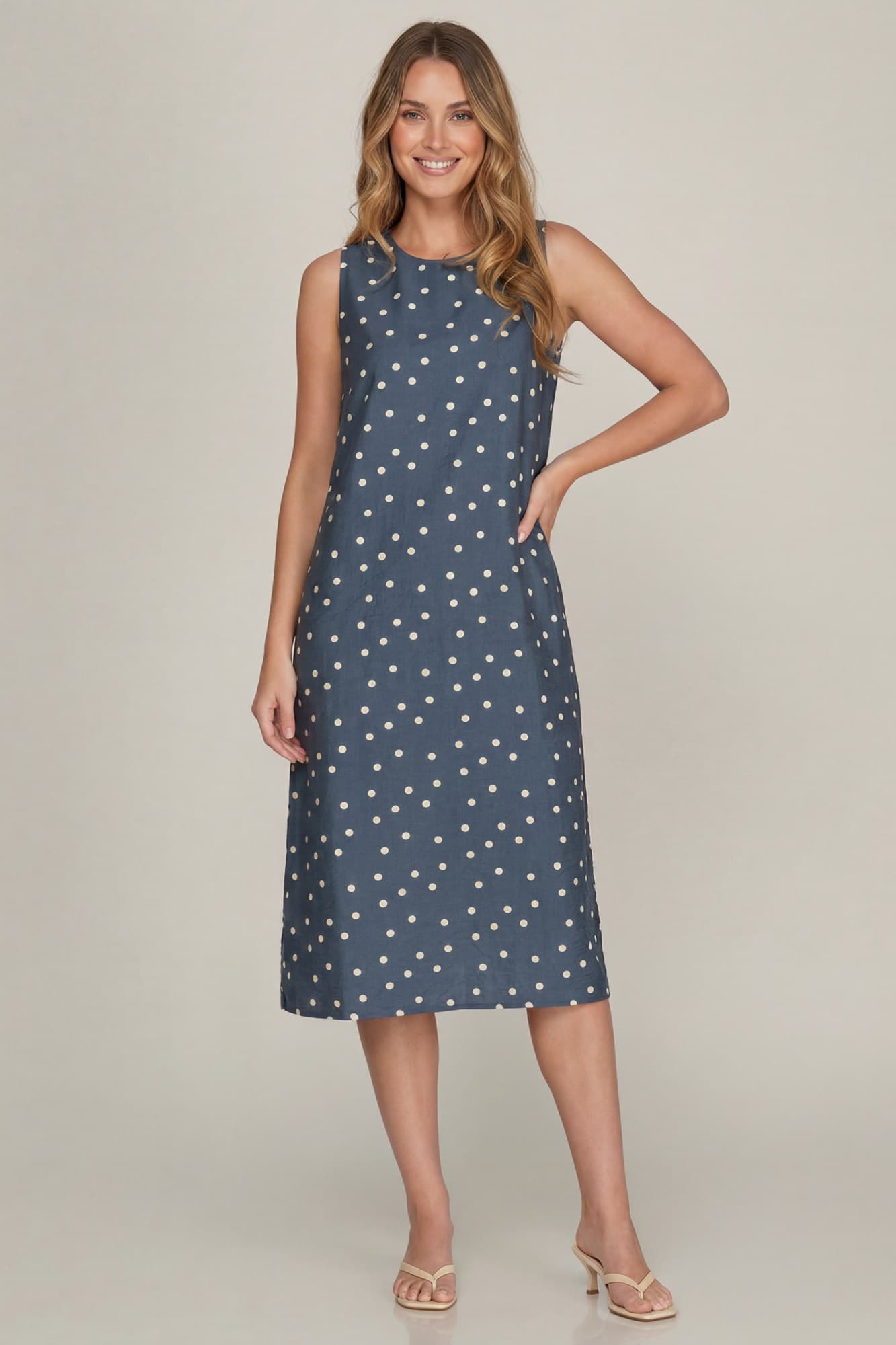 midi dress polka dot Navy Polka Dot Sleeveless Midi Dress