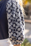 Navy & Ivory Embroidered Sleeve Top