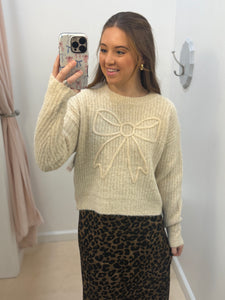 Taupe Sweater w/ Ivory Bow