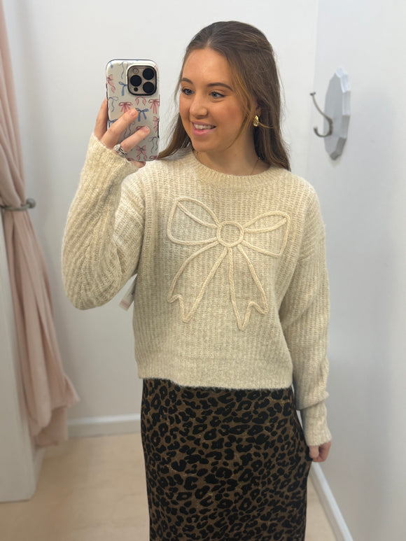 Taupe Sweater w/ Ivory Bow