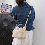 Brown Fuzzy Drawstring Bucket Bag