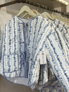 Blue Floral Bow Front Quilted Jacket