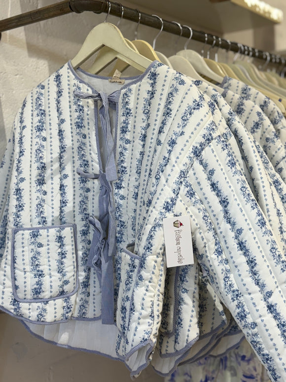 Blue Floral Bow Front Quilted Jacket