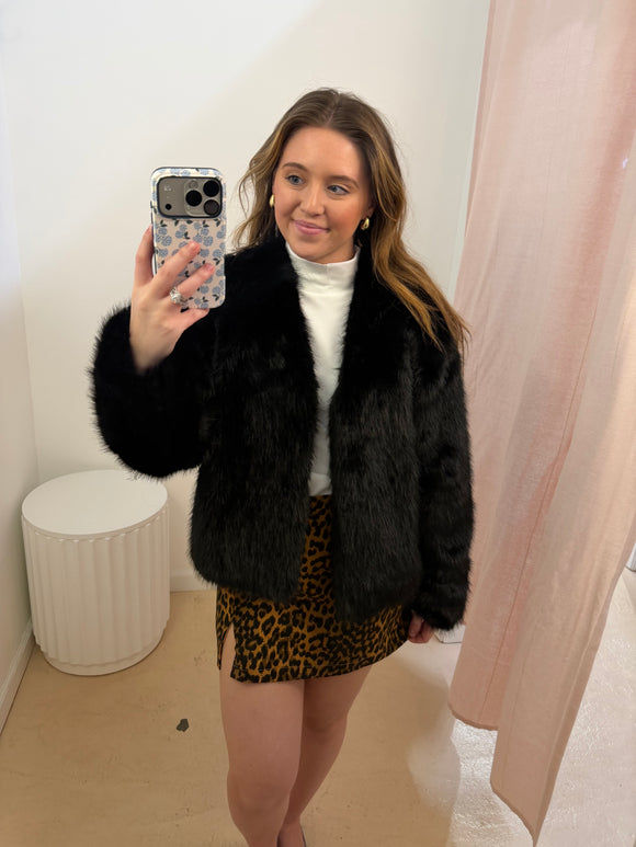 Black Faux Fur Open Front Jacket